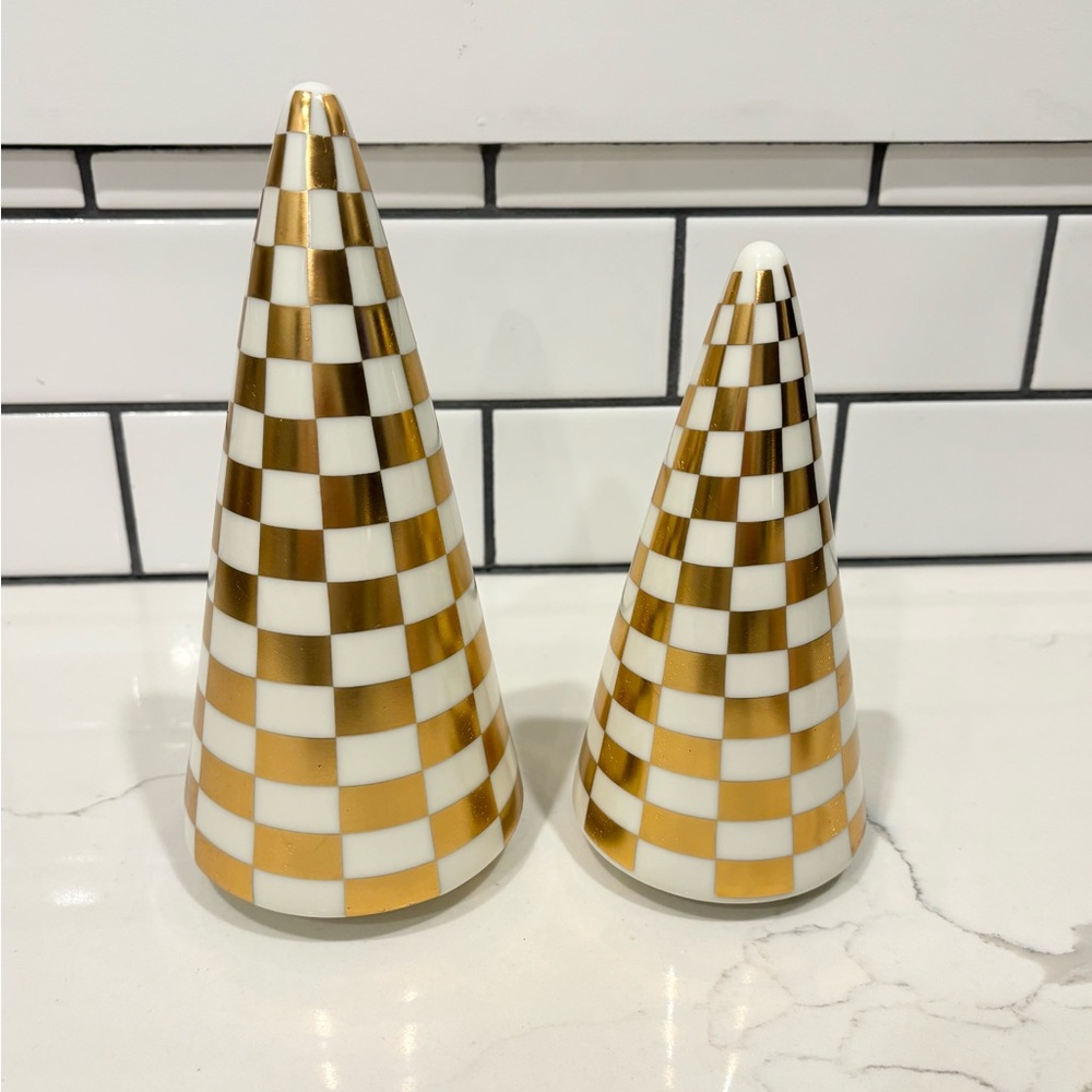 BECKI OWENS Gold White Checkered Ceramic Holiday Christmas Cone Trees Set 2 New